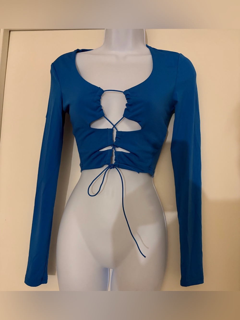 Long Sleeve Blue Tie-Front Crop Top